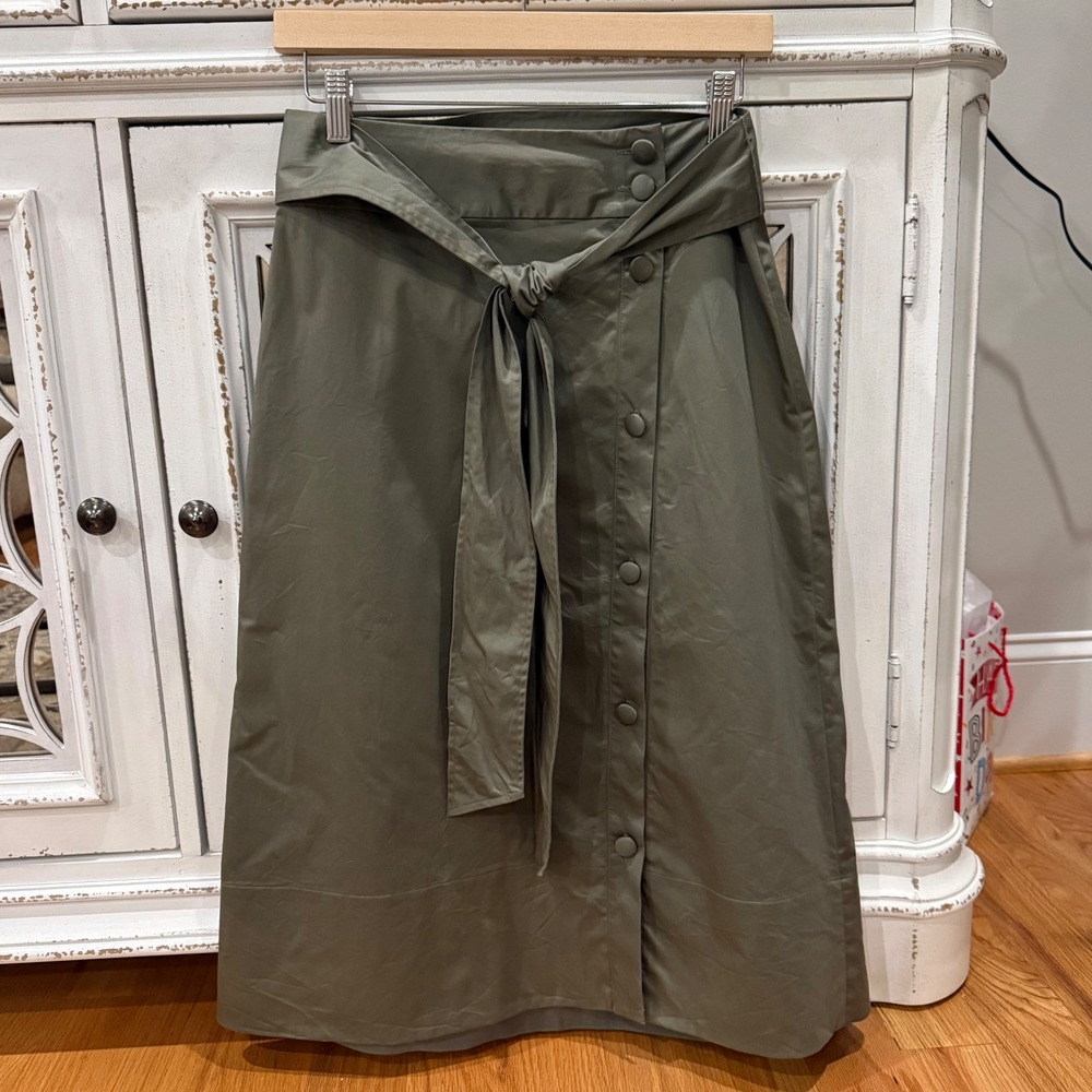 Club Monaco‎ Jalilla Olive Green Button Front Midi Skirt Tie Waist Size 4